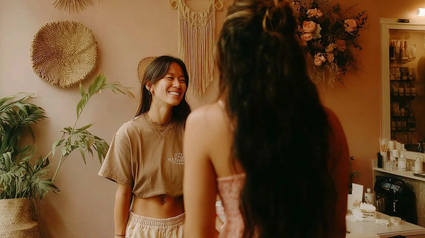 Two women talking and smiling in a cozy, decorated indoor space with plants, wall art, and a shelf with bottles and supplies.