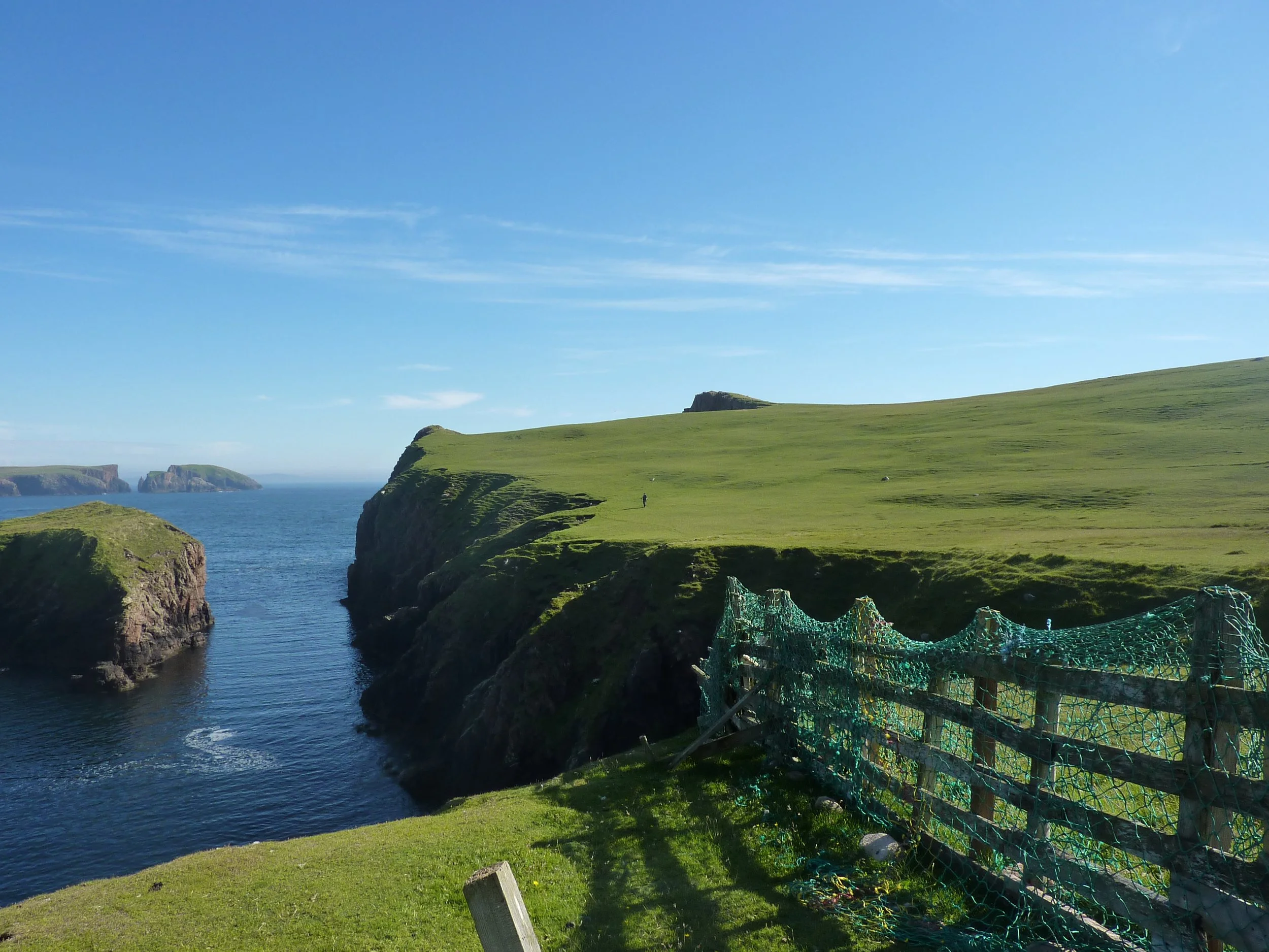 Coastal cliffs with green grass, a fence in the foreground, and a blue ocean under a clear sky.