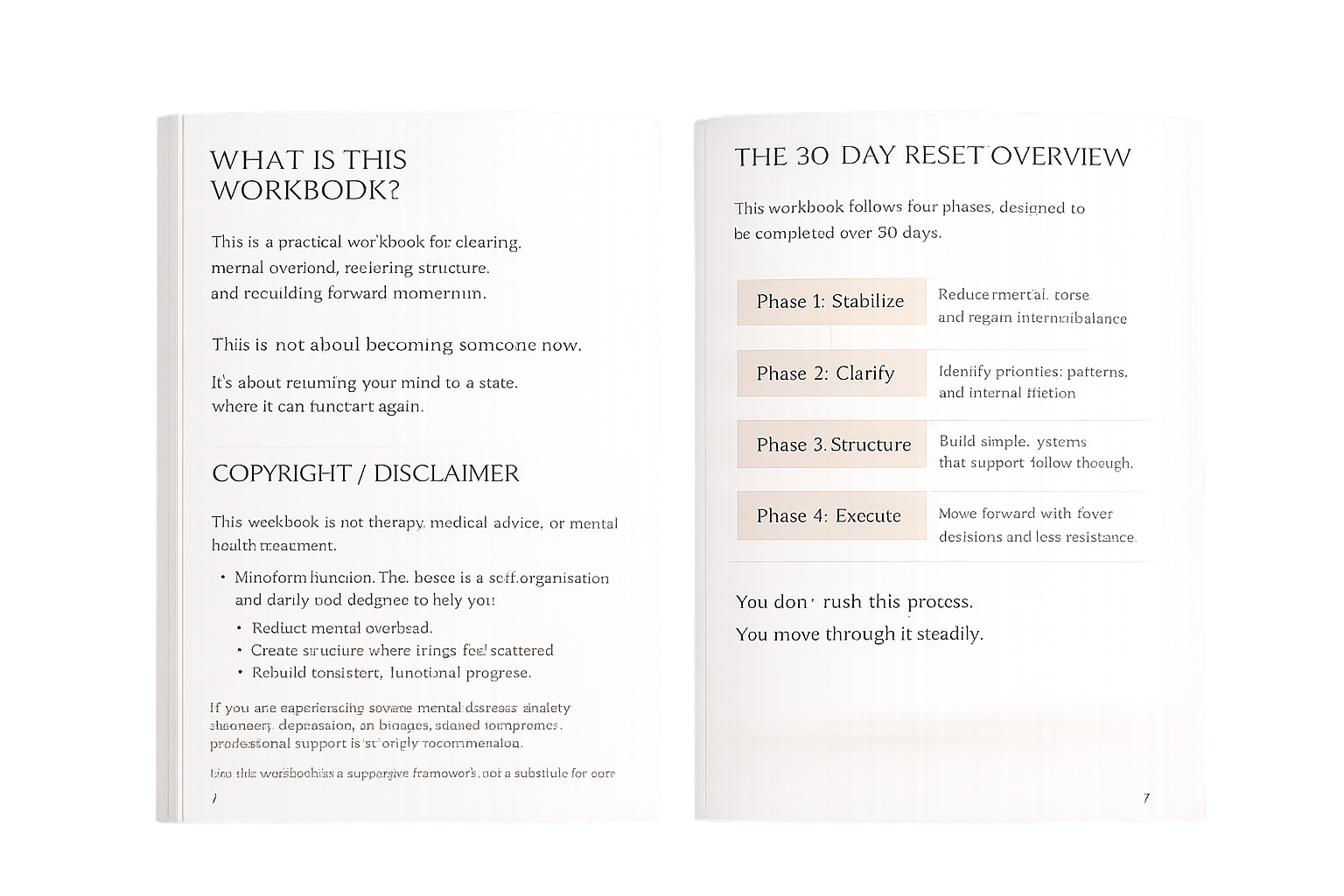 Open book displaying pages about a workbook and a 30-day reset overview. The left page has a section explaining what the workbook is, including a disclaimer, and the right page outlines four phases of a 30-day program: Stabilize, Clarify, Structure, and Execute.