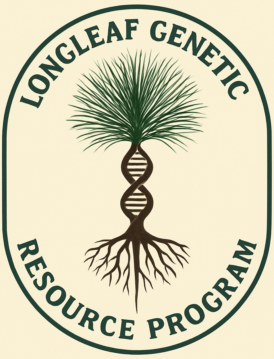 Logo of Longleaf Genetic Resource Program featuring a pine tree with roots, a DNA helix in the trunk, and circular text around it.