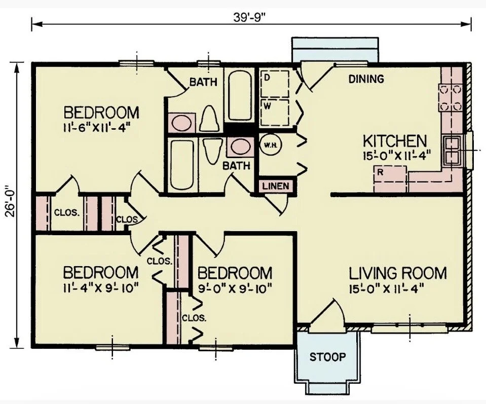 Floor plan of a house showing three bedrooms, two bathrooms, a kitchen, living room, dining area, laundry area, linen closet, closet spaces in bedrooms, and a stoop at the entrance. Dimensions are marked for each room.