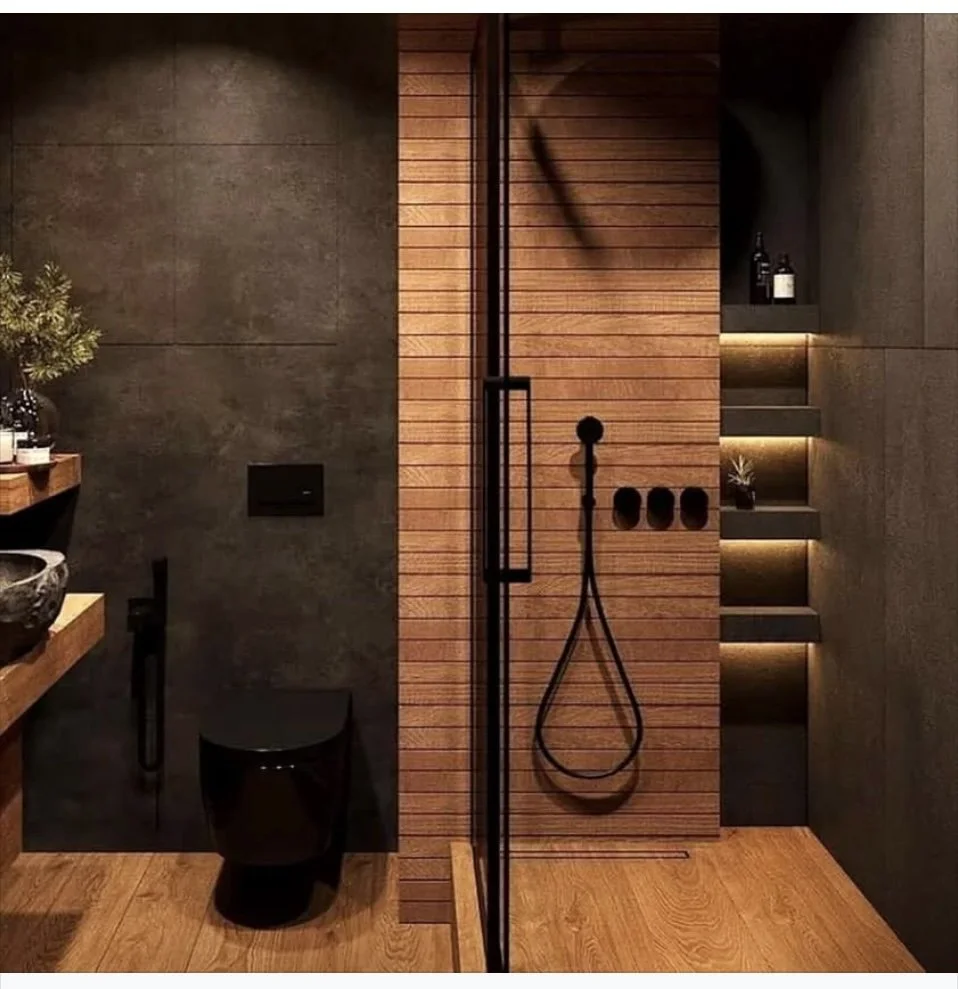 Modern bathroom with a black toilet, stone sink, and a shower with a black handheld showerhead mounted on a wooden wall. Shelves with bottles and a small plant are illuminated by built-in lighting.