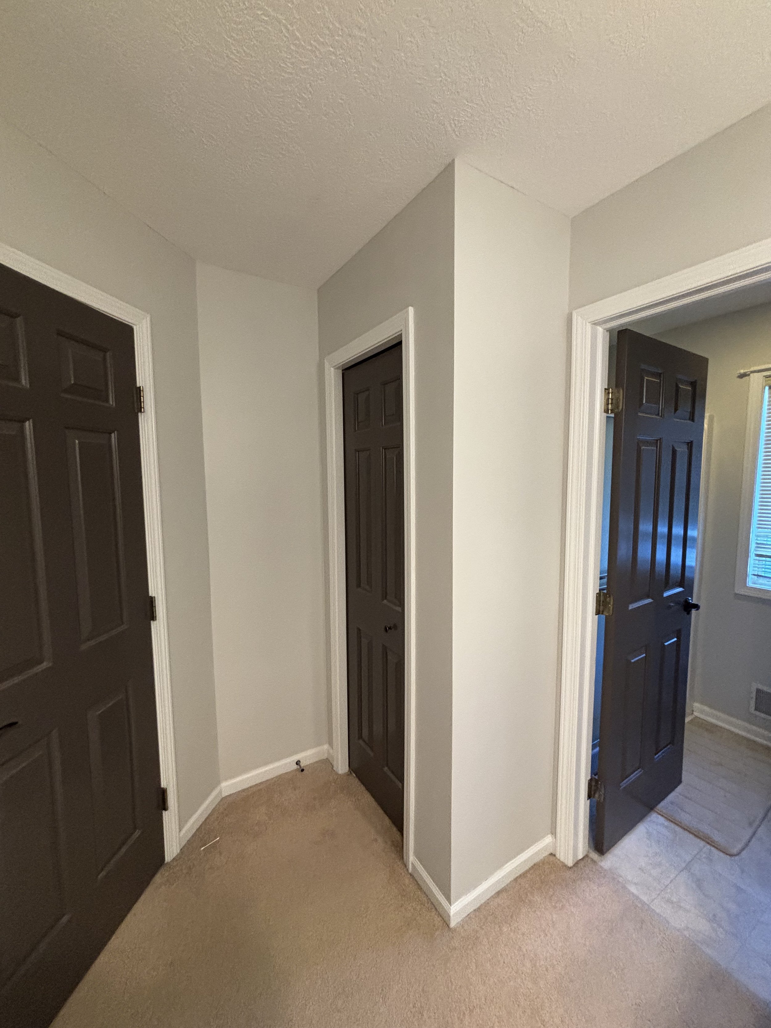 Image showing a corner of a room with beige carpet, light gray walls, and three dark brown closet doors, one on the left and two on the right, with a door leading to another room on the far right.