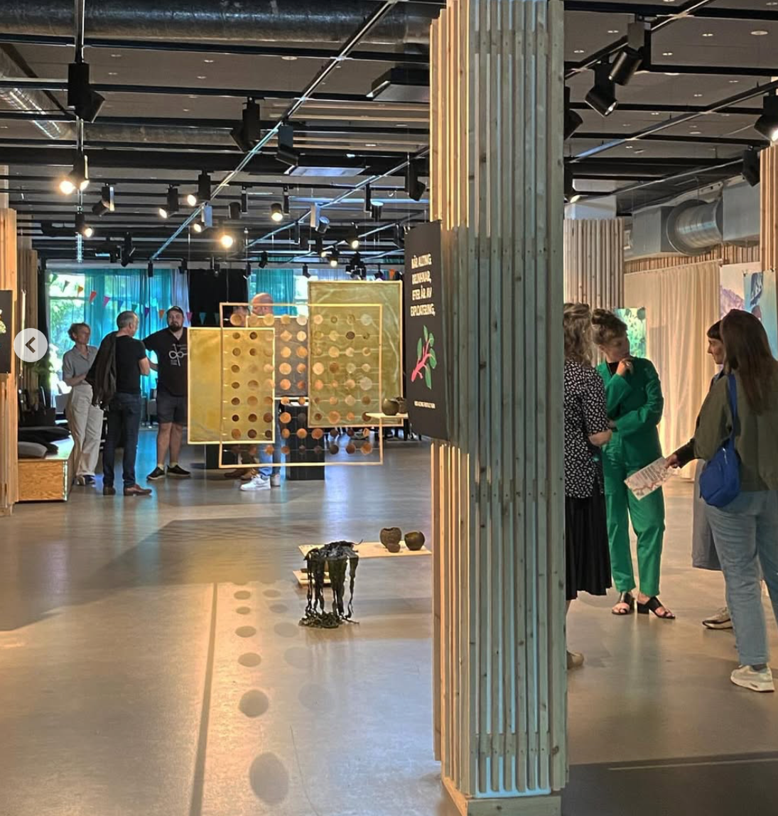 Människor som tittar på utställningsföremål i ett modernt museum eller konstgalleri med träskivor och konstverk.