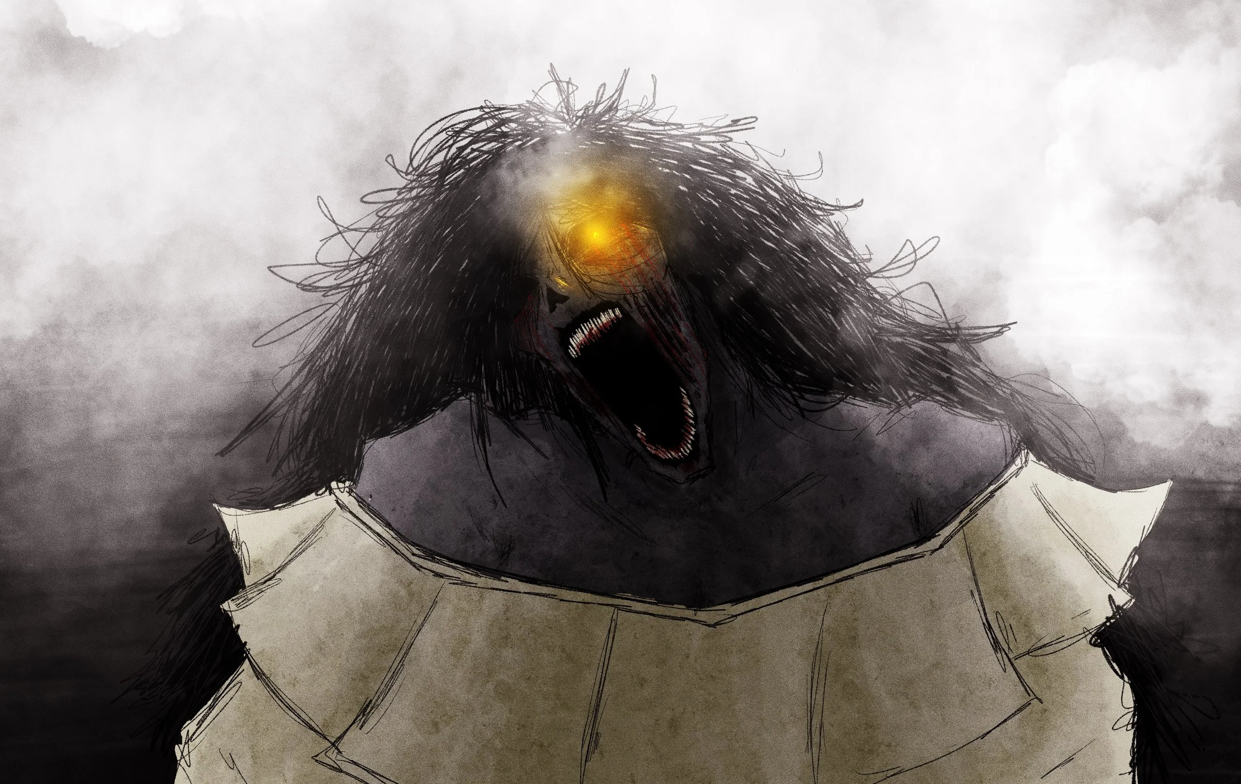 A dark-haired, angry creature with a glowing eye and sharp teeth, yelling or roaring.