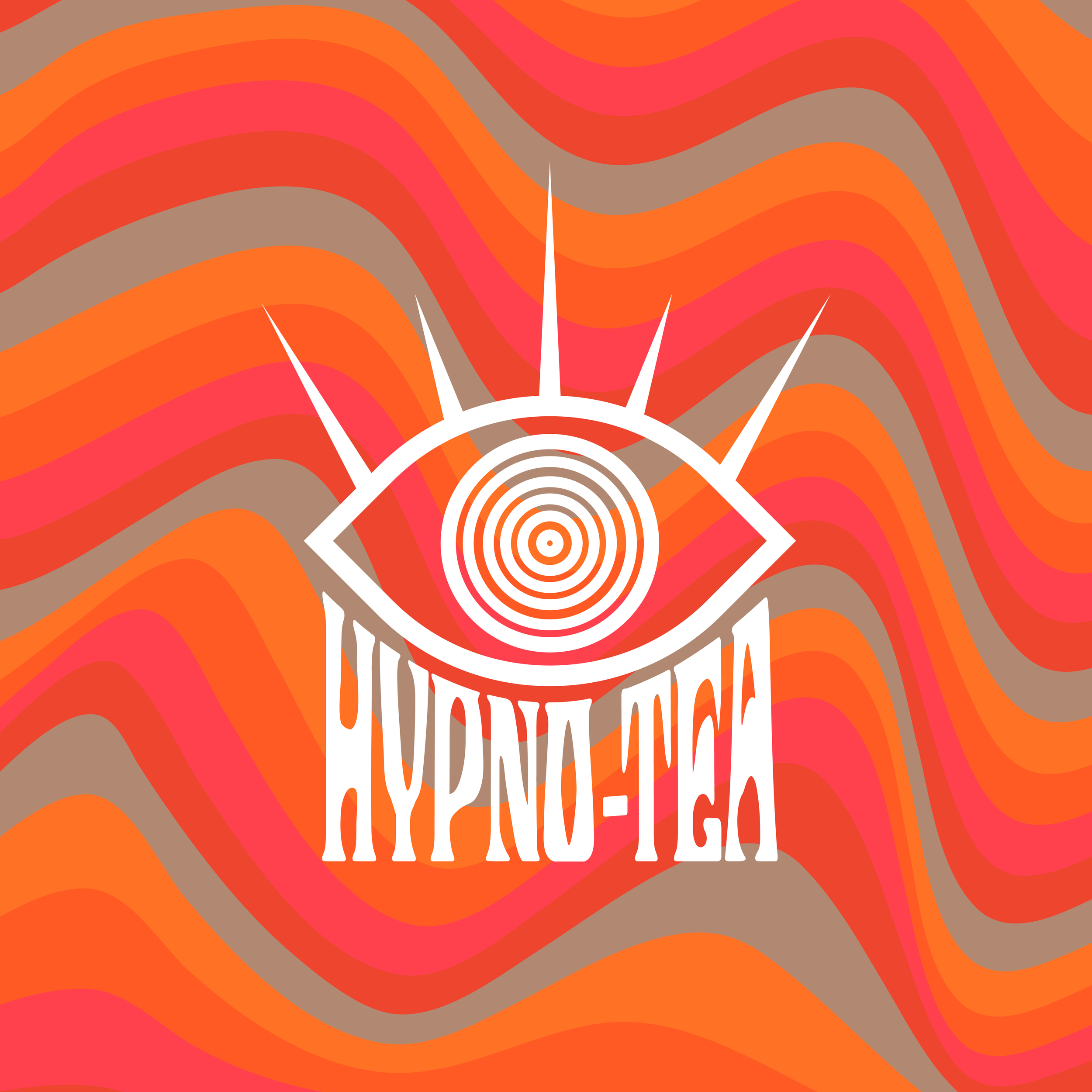 Colorful psychedelic background with abstract wavy patterns in orange, pink, red, and beige. White concentric circles and lines in the center create a hypnotic effect.