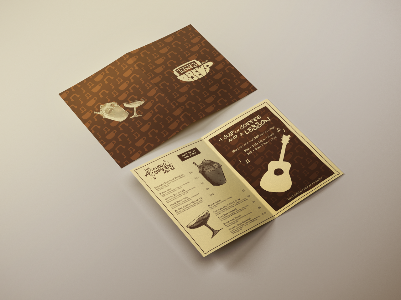A folded brochure for a coffee shop featuring a guitar illustration on the front cover and inside pages with menu items and a promotional event for coffee and guitar lessons.