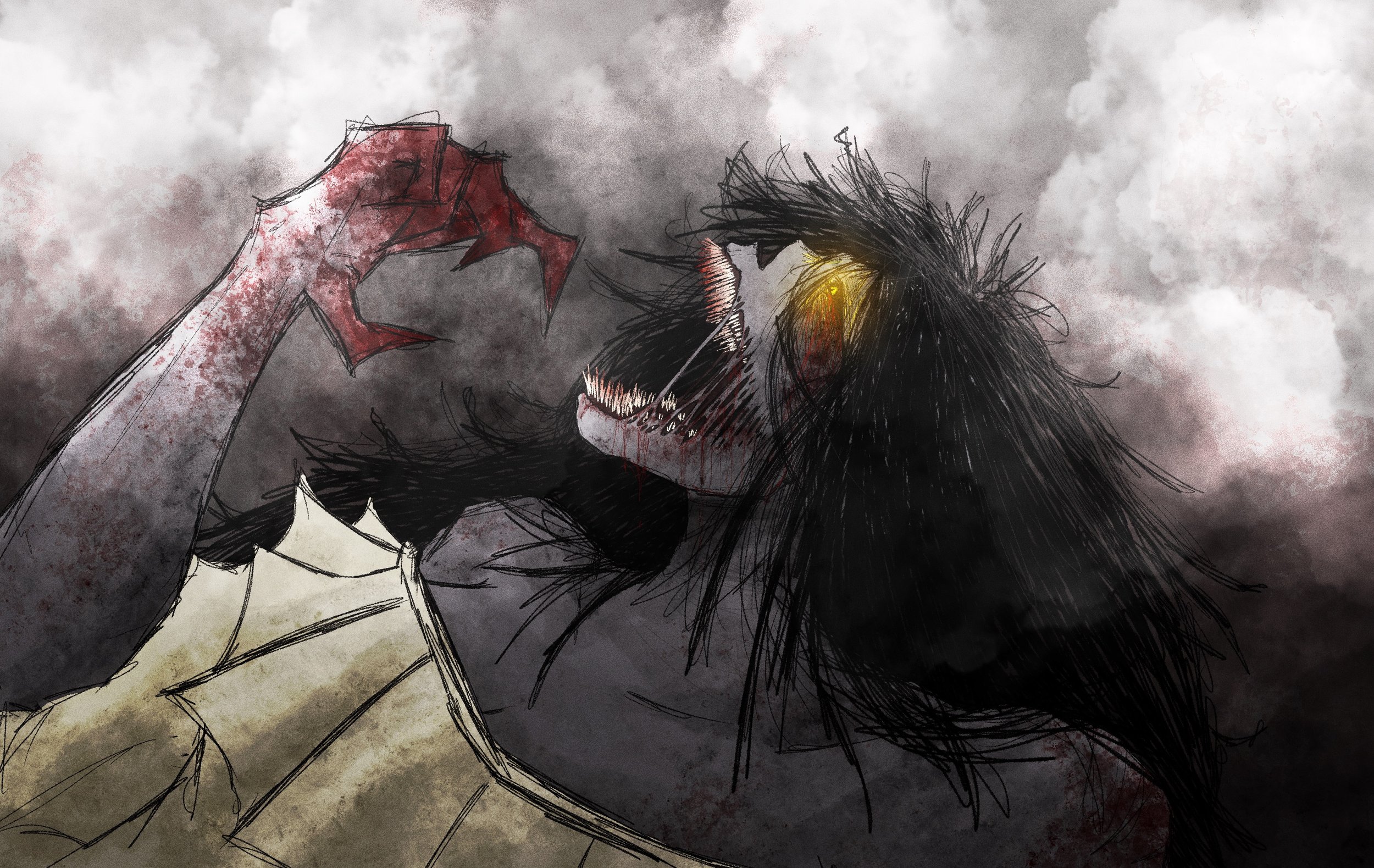 A dark, sketchy illustration of a creature with a human-like face, deadly teeth, glowing yellow eyes, and long black hair. It appears to be roaring or screaming, with a bloodstained hand reaching toward its face. The background is filled with ominous, grey clouds.