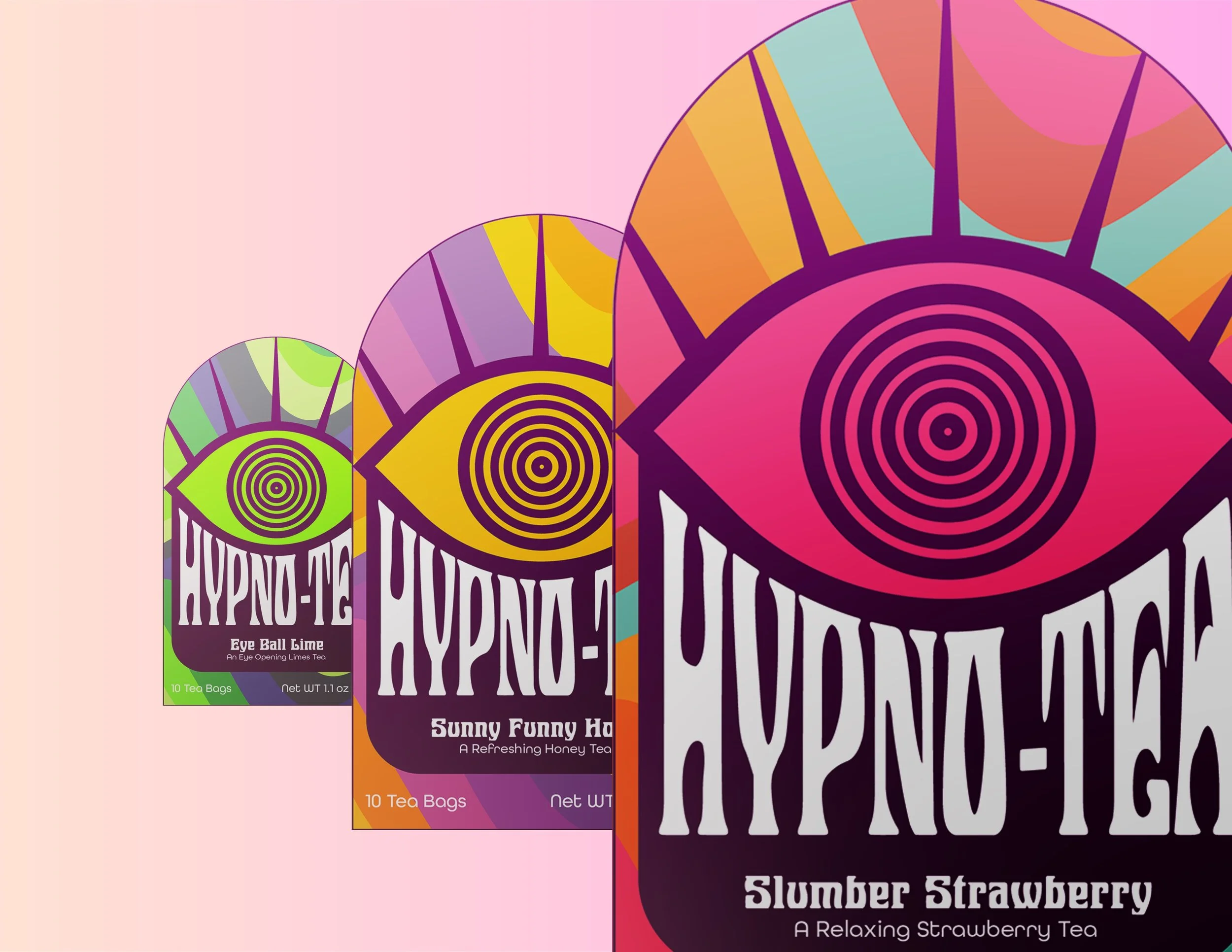 Multiple colorful tea boxes with abstract circular designs, labeled as different flavored honey teas such as lime, strawberry, and honey, arranged in a row against a pink gradient background.