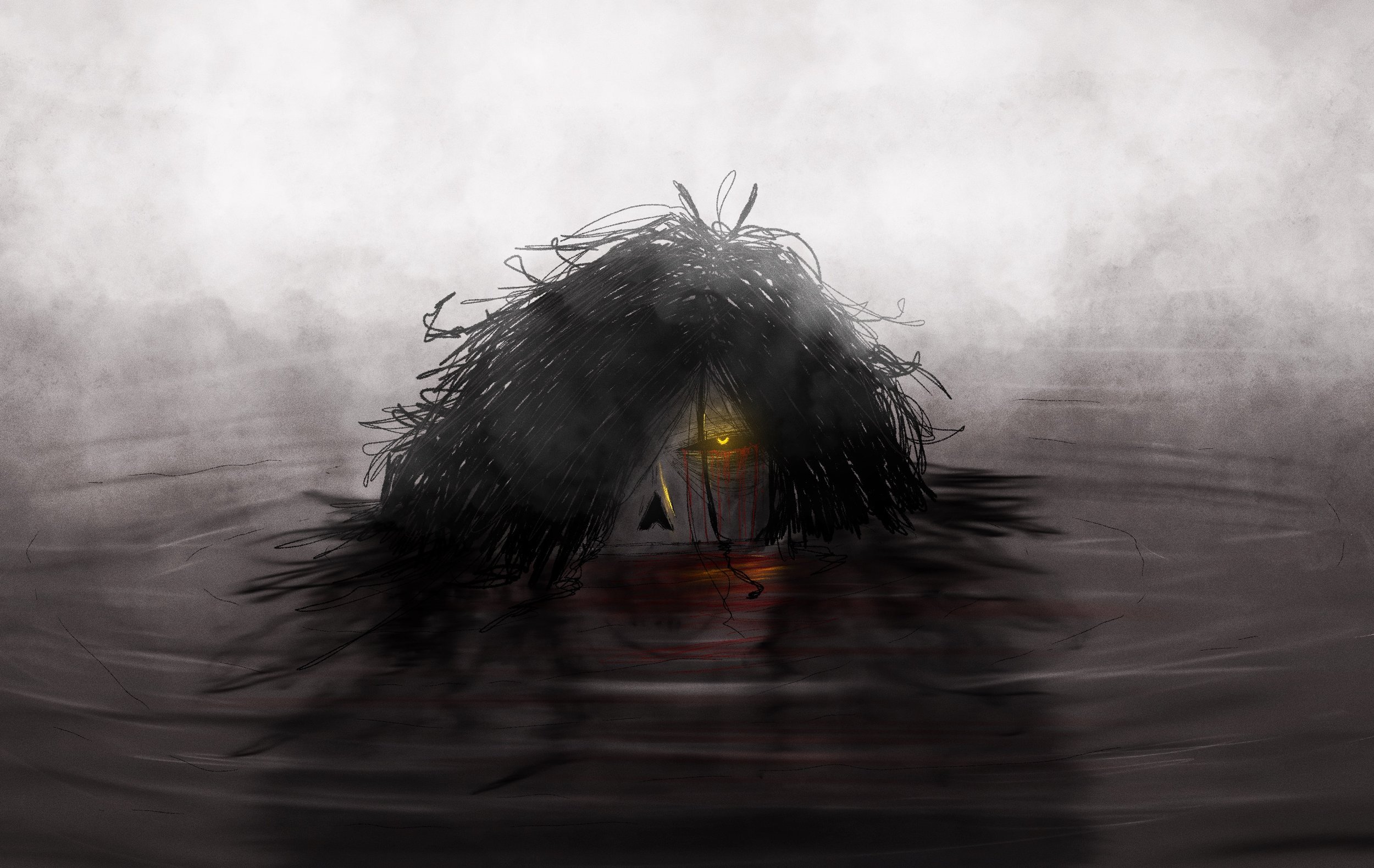 A dark, chaotic sculpture resembling a creature or figure with tangled black material and glowing yellow and red elements, set against a gray, cloudy background with a reflective water surface.