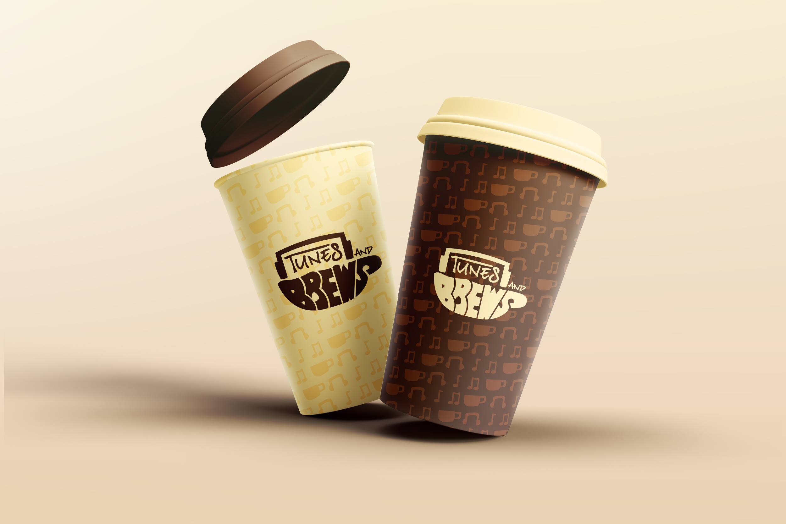Two disposable coffee cups with lids, one beige and one dark brown, decorated with musical notes and beverage icons and labeled "Tunes and Brews".