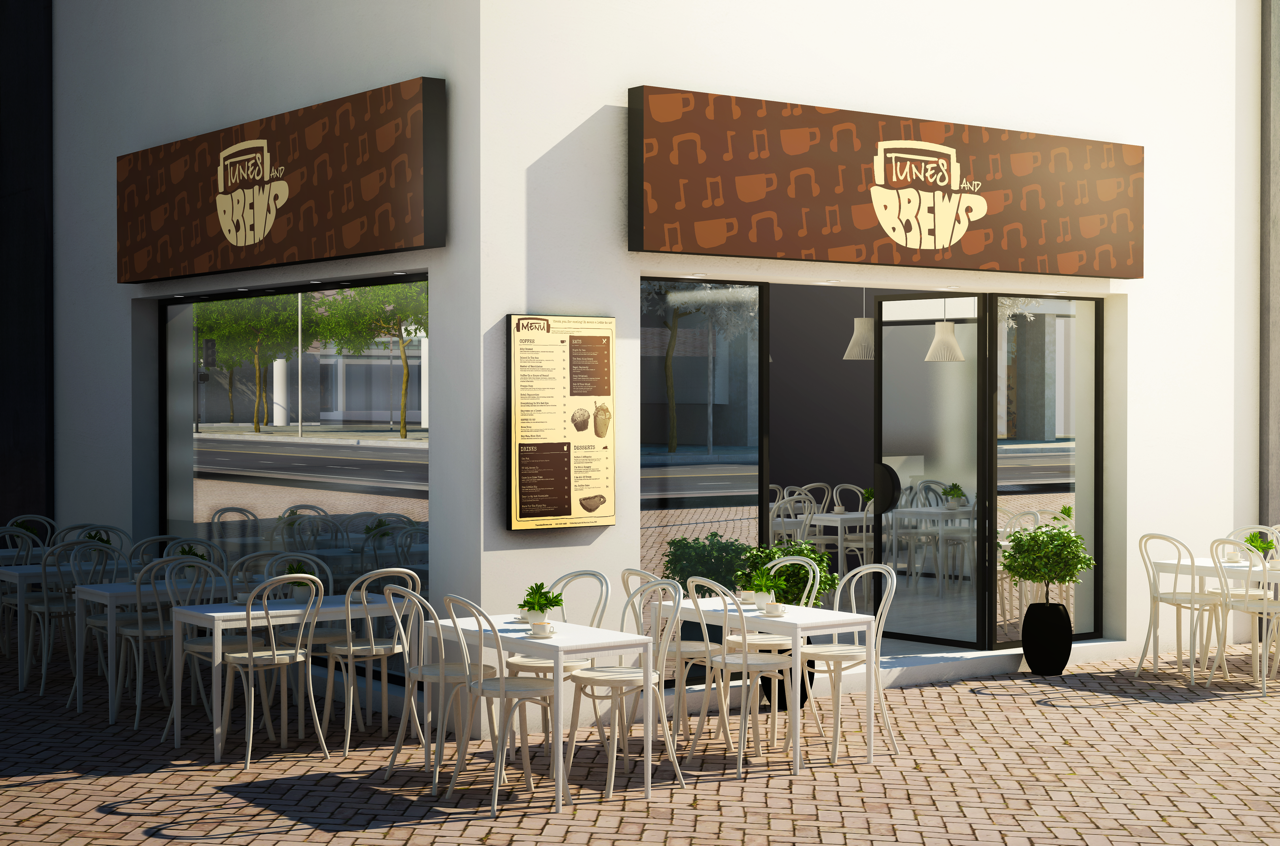 Outdoor view of a cafe named 'Tunes and Brews' with white tables and chairs, potted plants, and large windows showing the interior with hanging pendant lights.