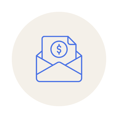 Outline icon of an open envelope with a dollar bill inside.
