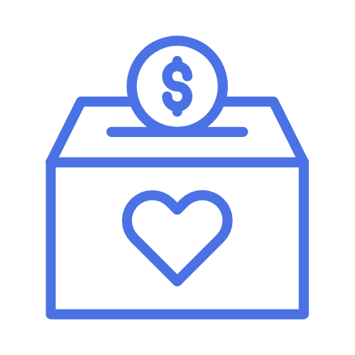 Outline of a donation box with a heart on it and a dollar coin dropping into it