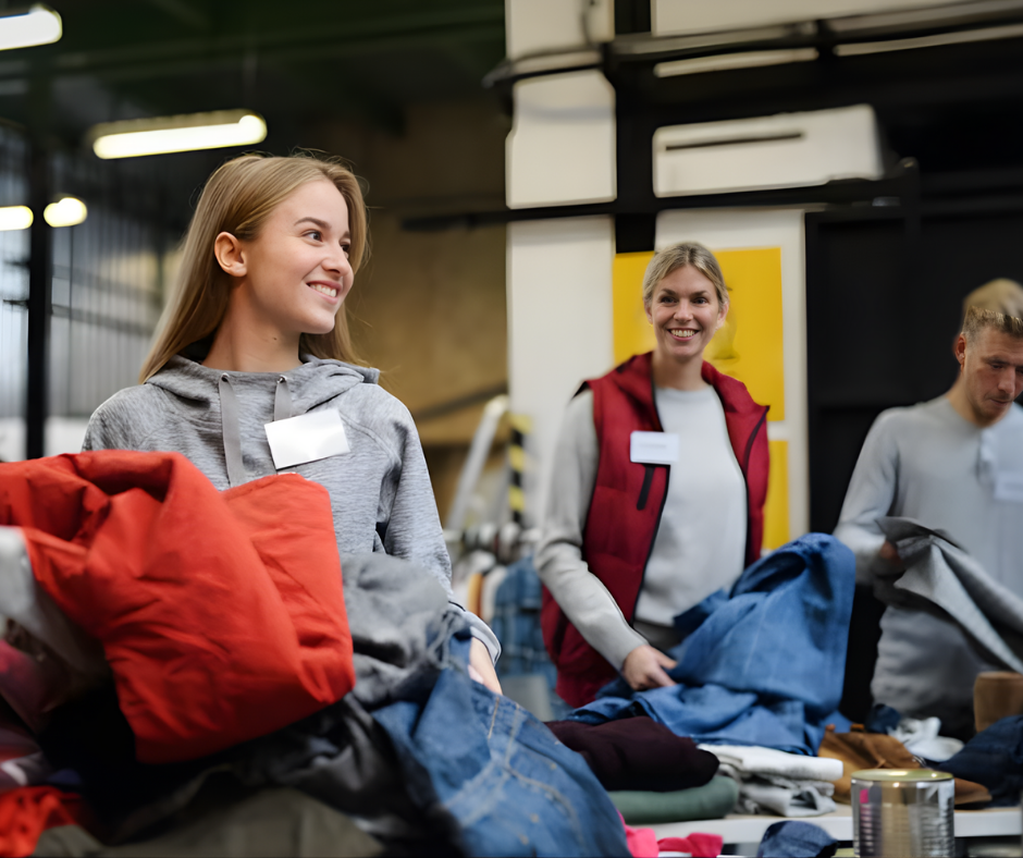 Three women shopping for clothes at a thrift store or clothing donation center. They are smiling and looking at each other, with piles of clothing on the table in front of them.