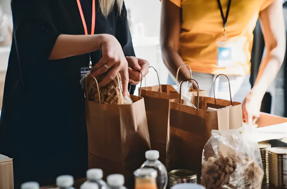 People packing baked goods into paper bags at an event or market table.
