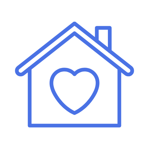 Blue outline of a house with a heart inside, on a black background.