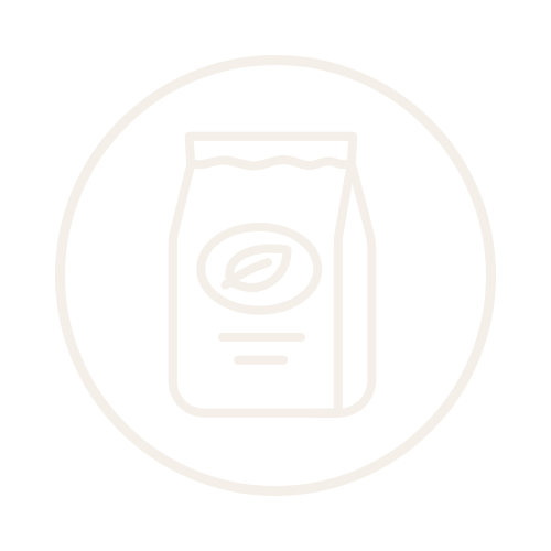 Line drawing of a coffee bag inside a circle on a black background.