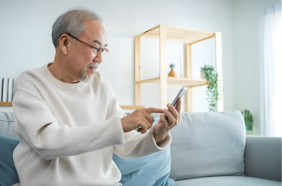 An elderly man with glasses and a white sweater sitting on a light-colored sofa, using a smartphone in a bright, modern living room with a wooden shelf and green plants.
