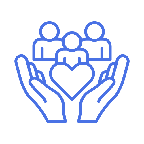 Outline of two hands holding a heart with three people above it