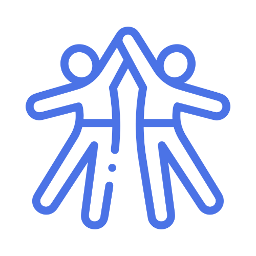 A blue line drawing of four human figures with outstretched arms, connected at the hands, forming a star-like shape.