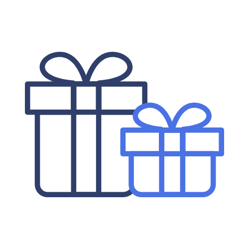 Two gift boxes with ribbons, outlined in blue on a black background.