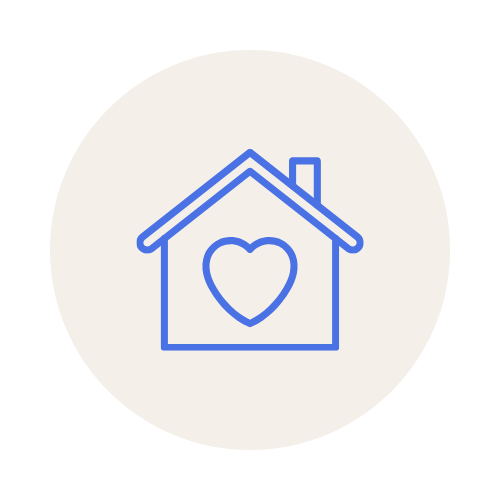 Icon of a house with a heart inside, outlined in blue on a light background.
