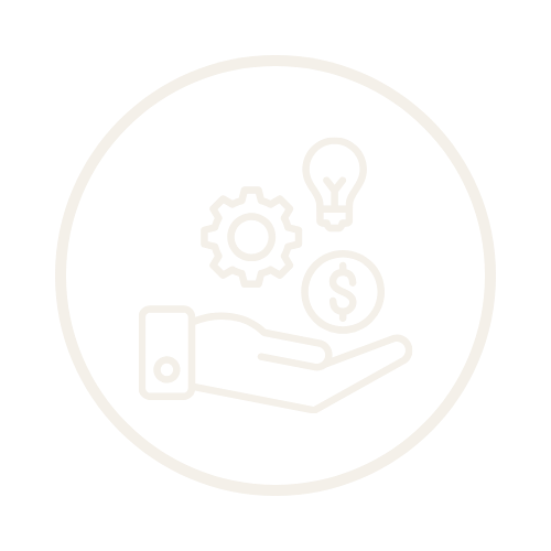 Line drawing of a hand with a gear, a lightbulb, and a dollar sign within a circle