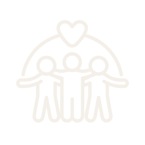 Outline drawing of three people standing under a heart, with their arms around each other.