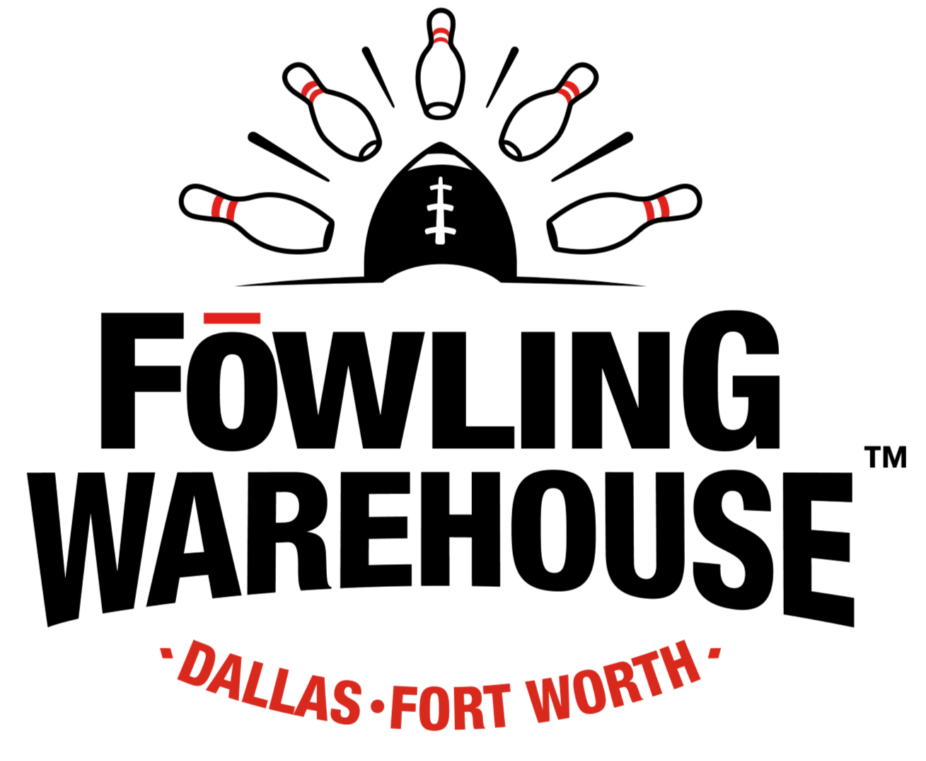 Black circular logo with a white football helmet adorned with seven bowling pins arranged like a crown, and a red stripe on top. Text reads "Dallas-Fort Worth" in red, curved at the bottom.