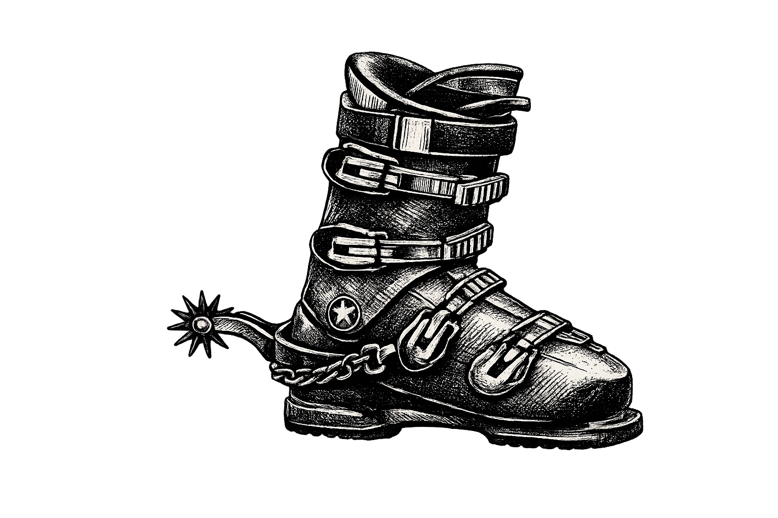 Black and white illustration of a worn leather combat boot with multiple buckles and straps, a chain tied to the heel, and a star emblem on the side, on a black background.