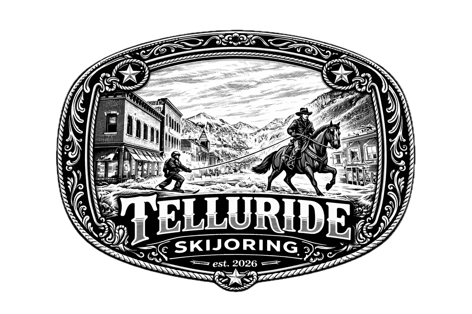Logo for Telluride Skijoring featuring a detailed black and white illustration of a town with mountains, a cowboy on horseback, and a person on skis pulling the horse, with the text "TELLURIDE SKIJORING est. 2026".