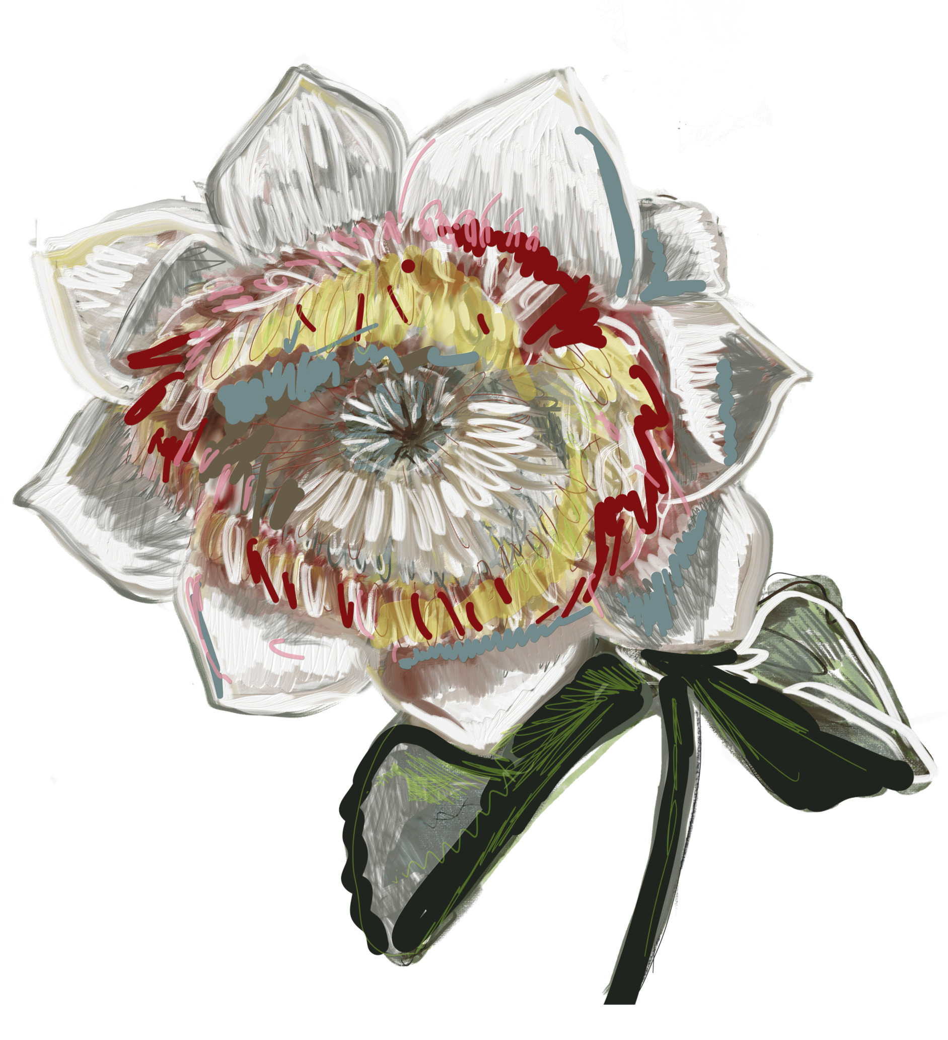 Fiori di pesco con foglie verdi, dipinti con linee e colori astratti in uno stile artistico.