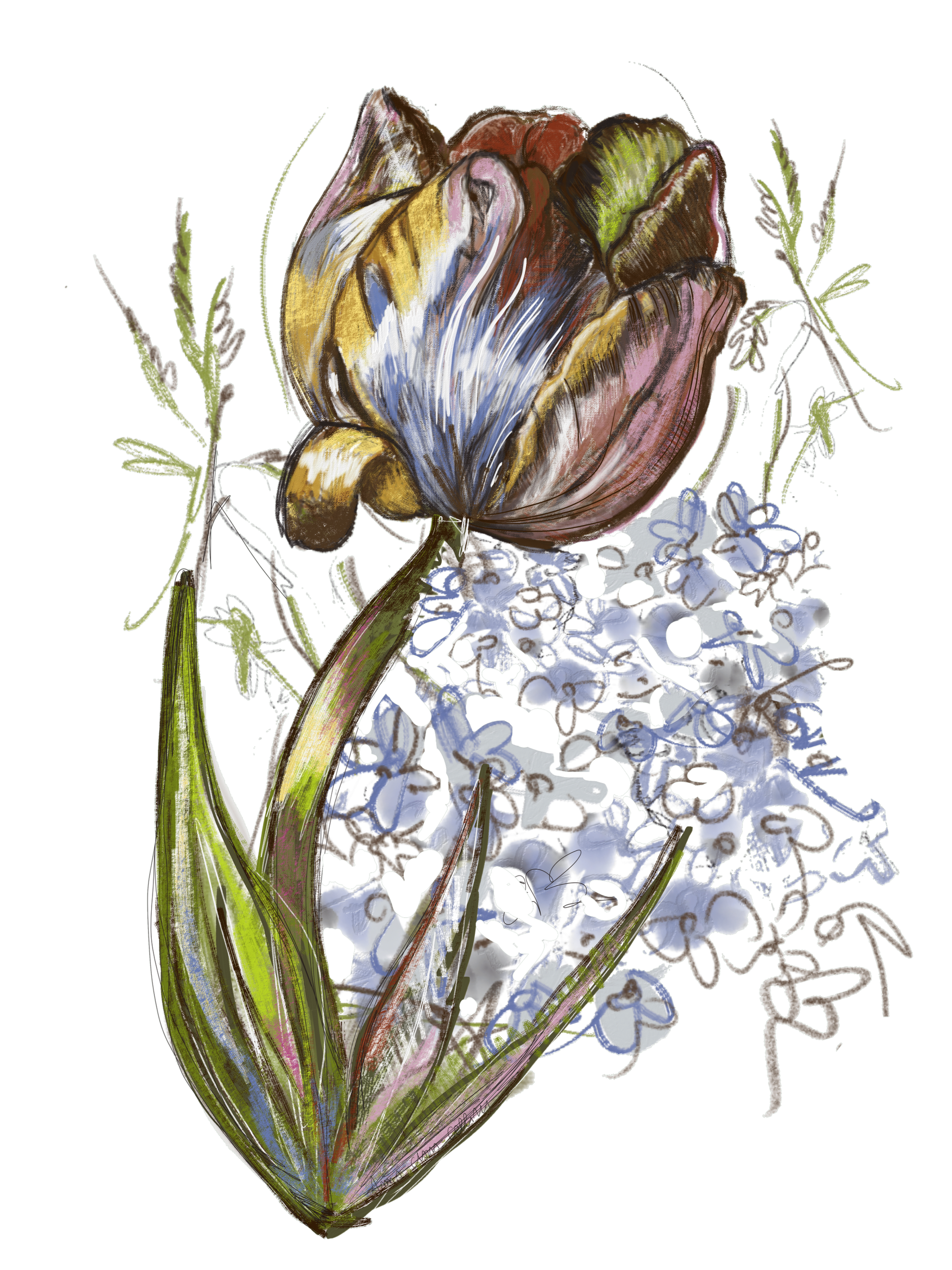 Acquerello di un mazzo di fiori con gigli e foglie verdi.