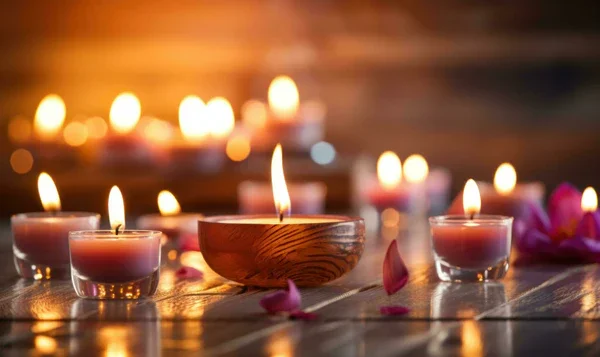 Multiple lit candles, including tea lights and a central wooden bowl, placed on a wooden surface with pink flower petals, creating a warm, serene atmosphere.