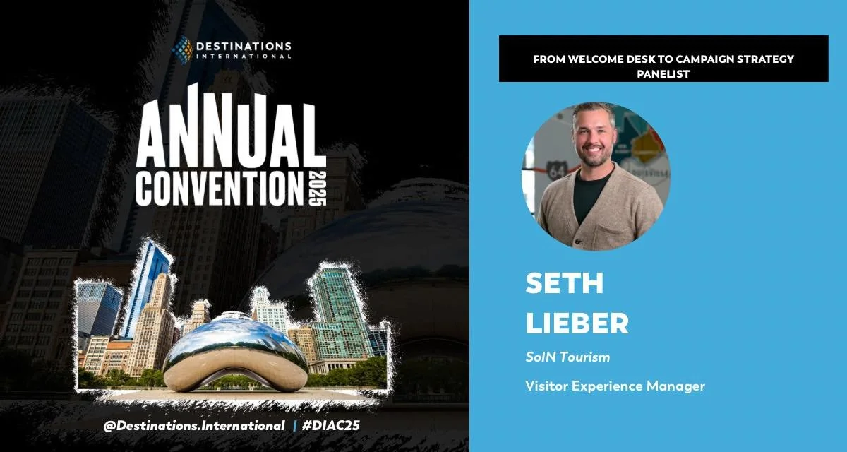 Seth Lieber speaker badge and conference materials from a Destinations International event.