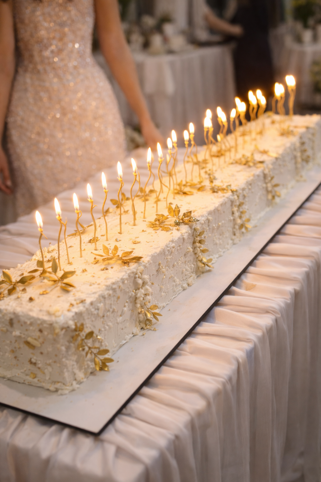 Long rectangular white cake decorated with gold leaves and figurines, with lit candles on top, displayed on a white tablecloth at a celebration event.