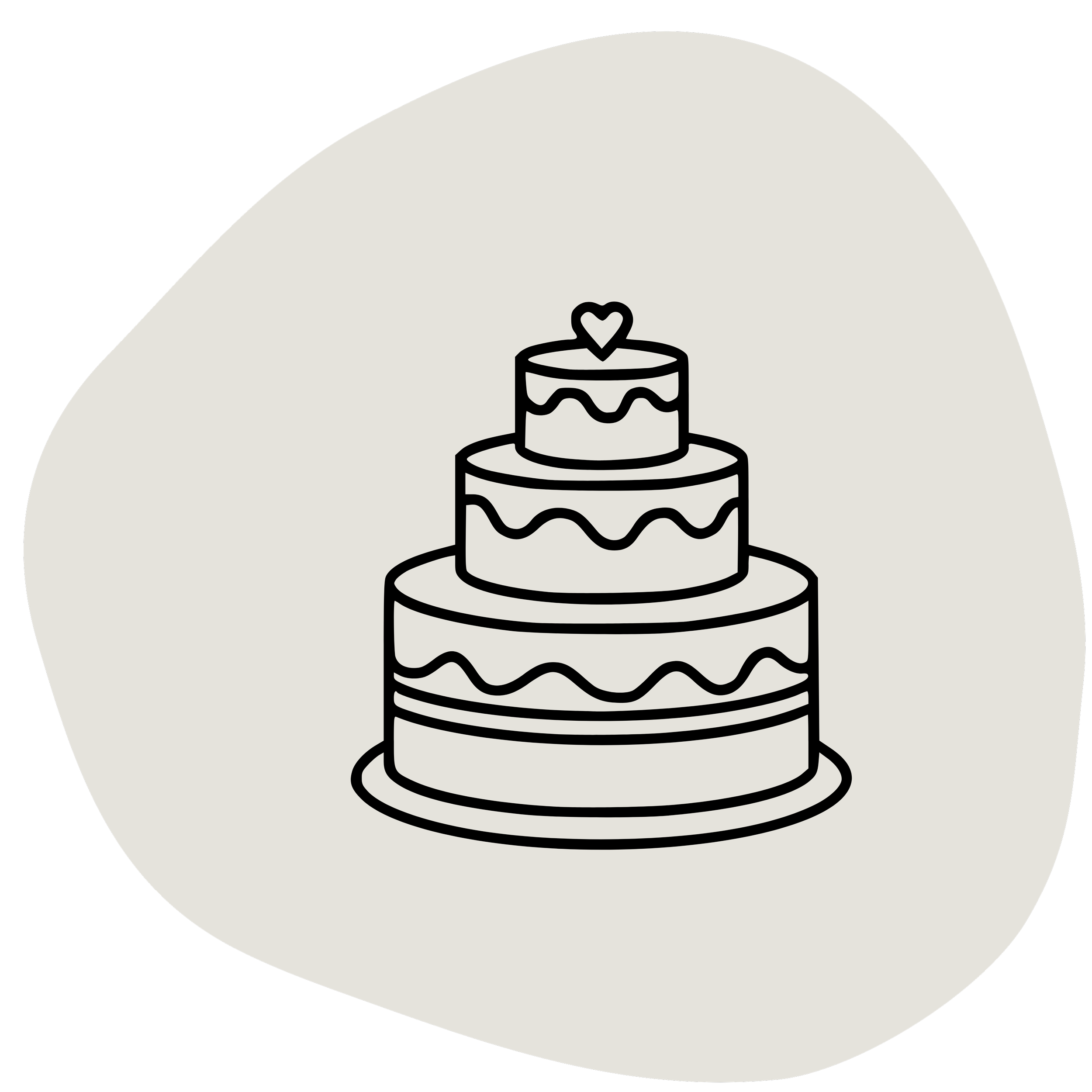 Line drawing of a three-tiered birthday cake with wavy icing and a heart-shaped topper.