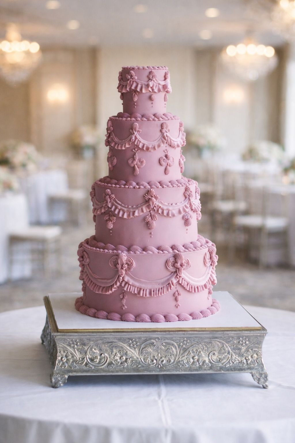 A tall, multi-tiered pink wedding cake with decorative icing ribbons, bows, and swags. The cake is on an ornate silver stand in a decorated banquet hall.