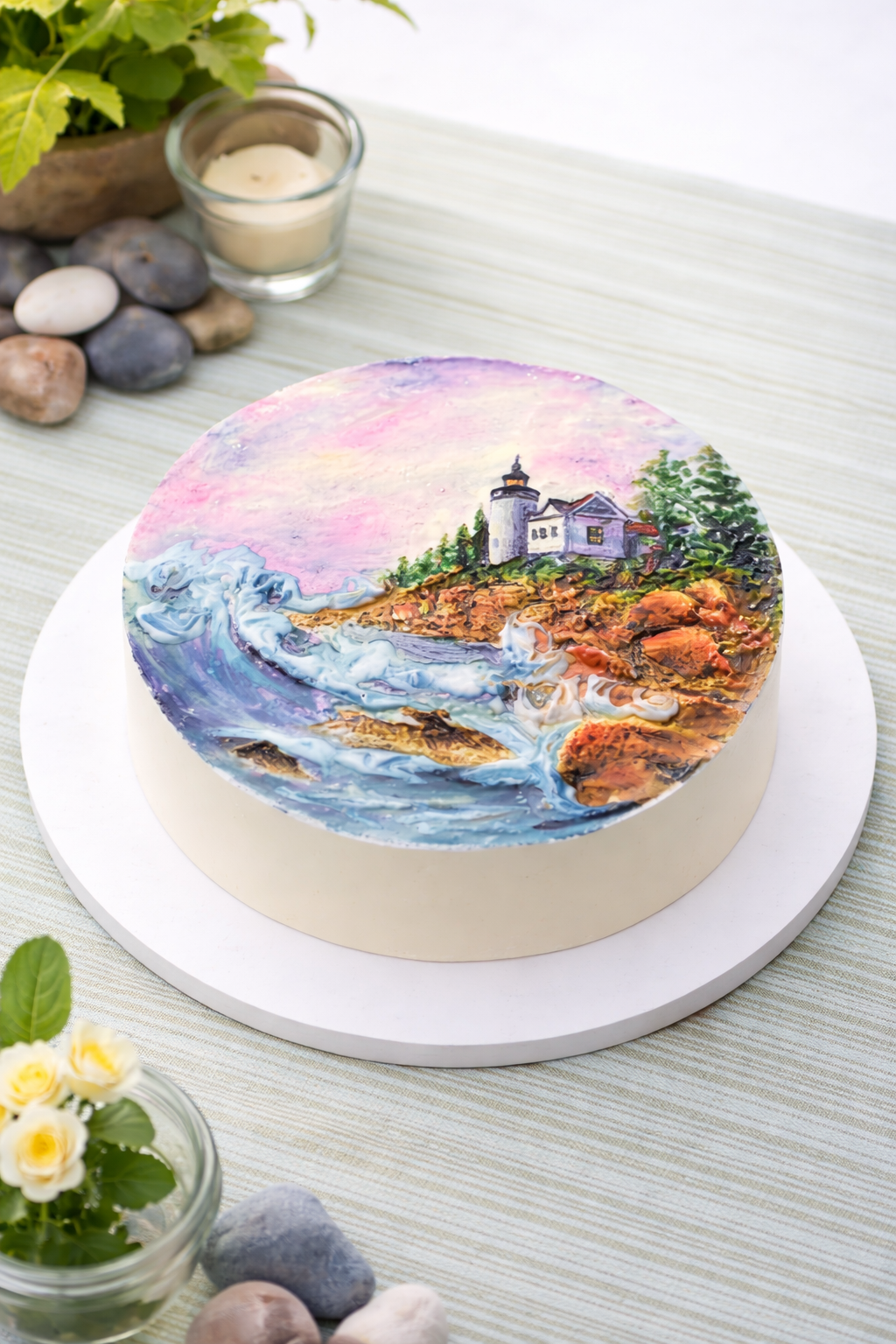 A round cake with a 3D landscape painting of a lighthouse, ocean waves, rocks, trees, and a pink- and purple-hued sky on top.