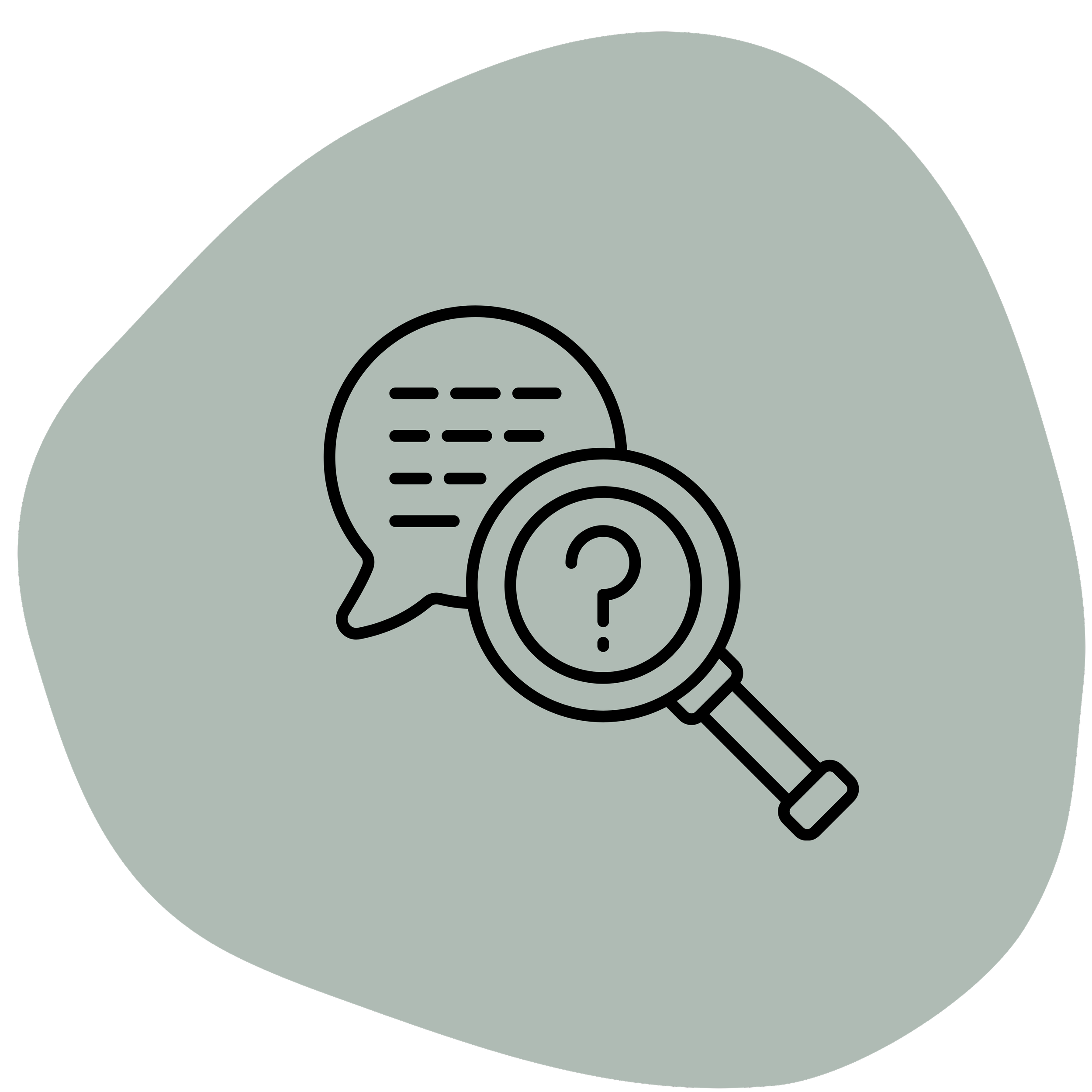 Outline of speech bubbles and a magnifying glass with a question mark.
