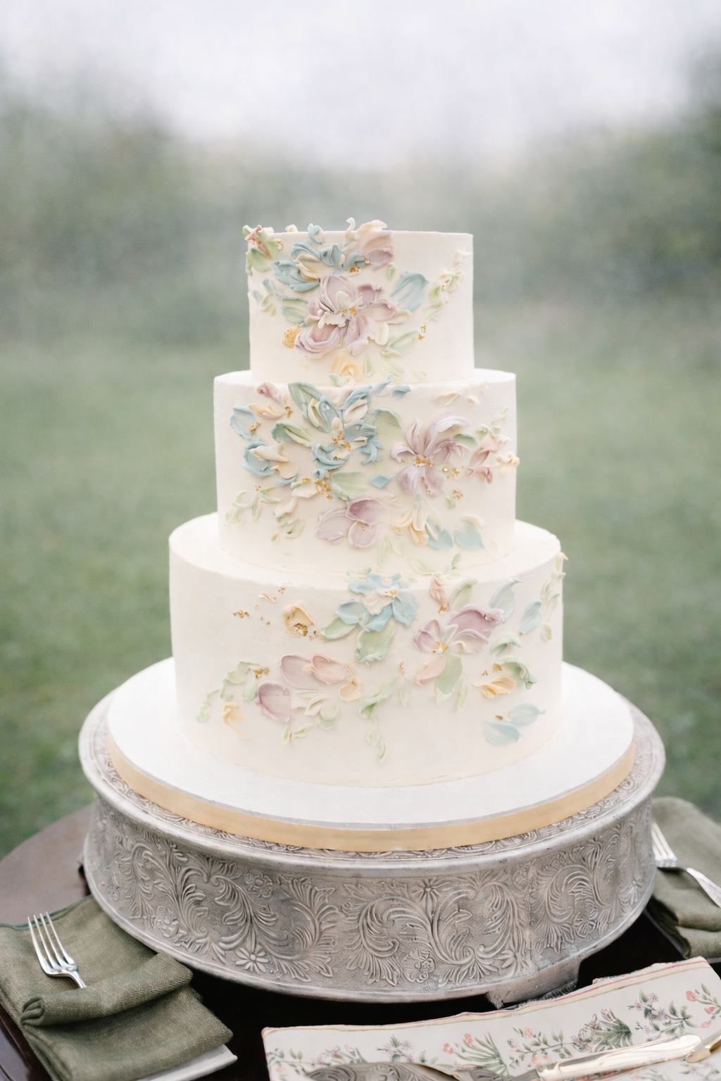 A three-tiered wedding cake decorated with pastel-colored floral icing designs on a silver ornate cake stand. The background is blurred, suggesting an outdoor setting.