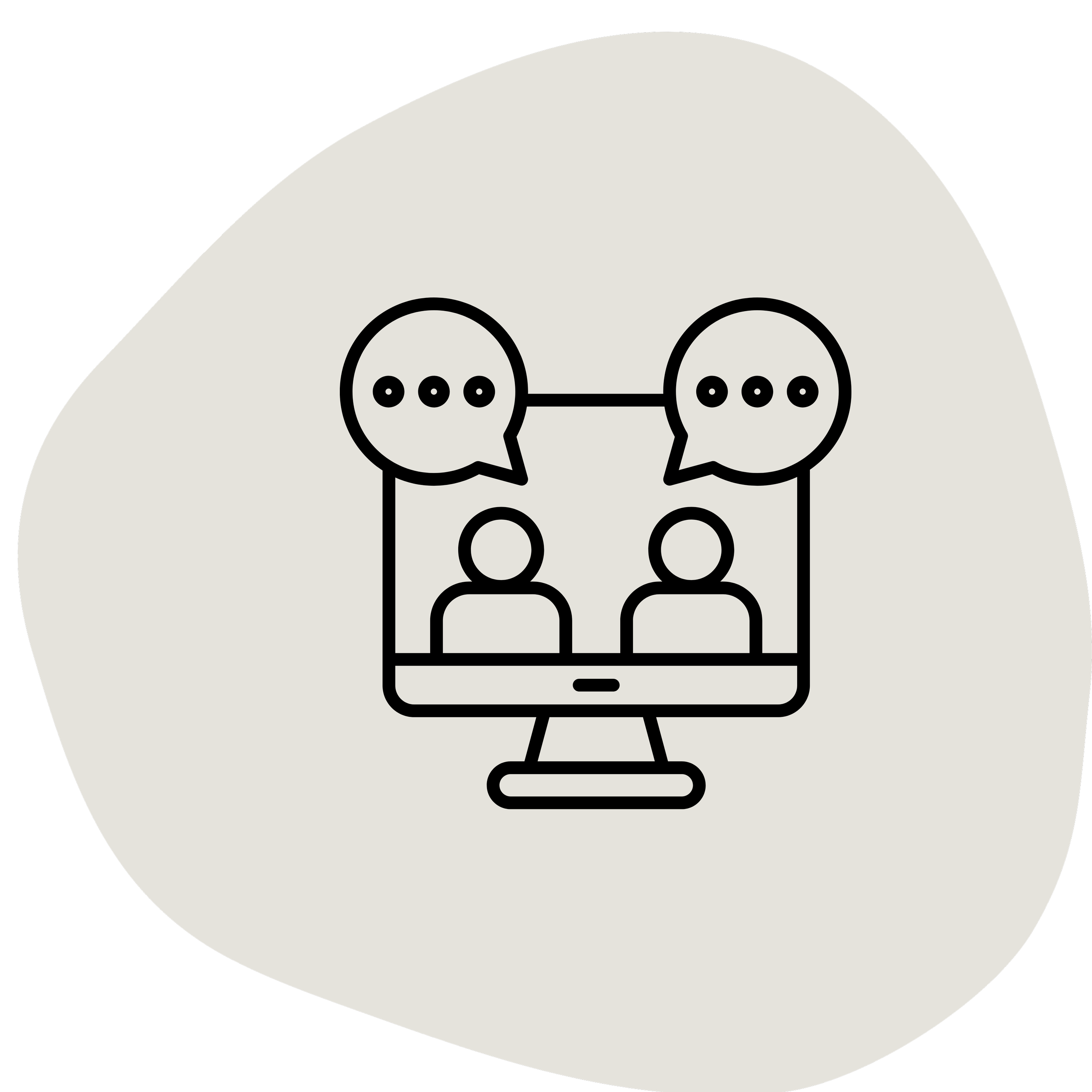 Outline icon of two people on a computer screen engaging in a video chat, with speech bubbles indicating conversation.