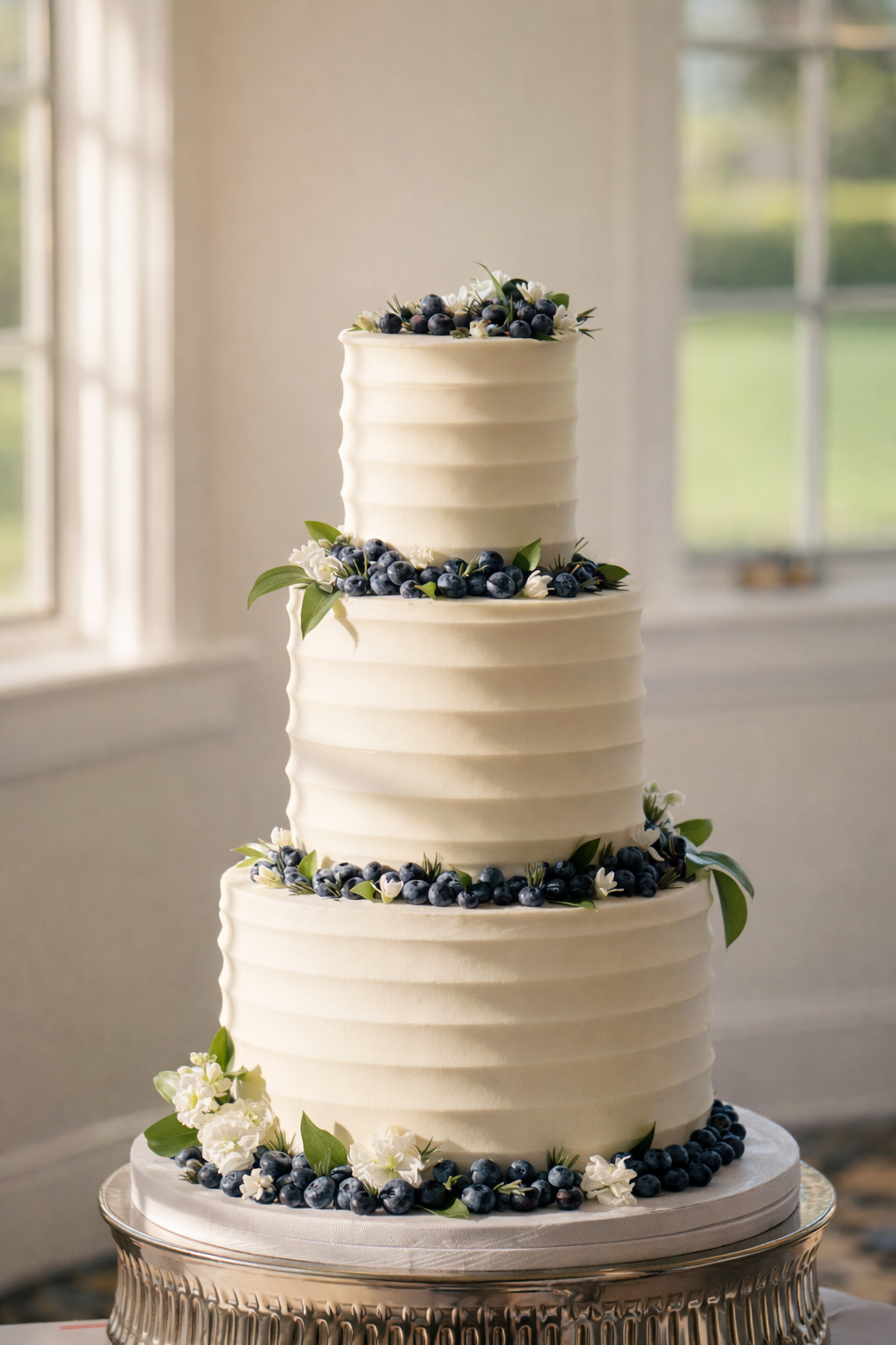 A three-tiered wedding cake decorated with blueberries, white flowers, and green leaves, displayed on a silver cake stand.
