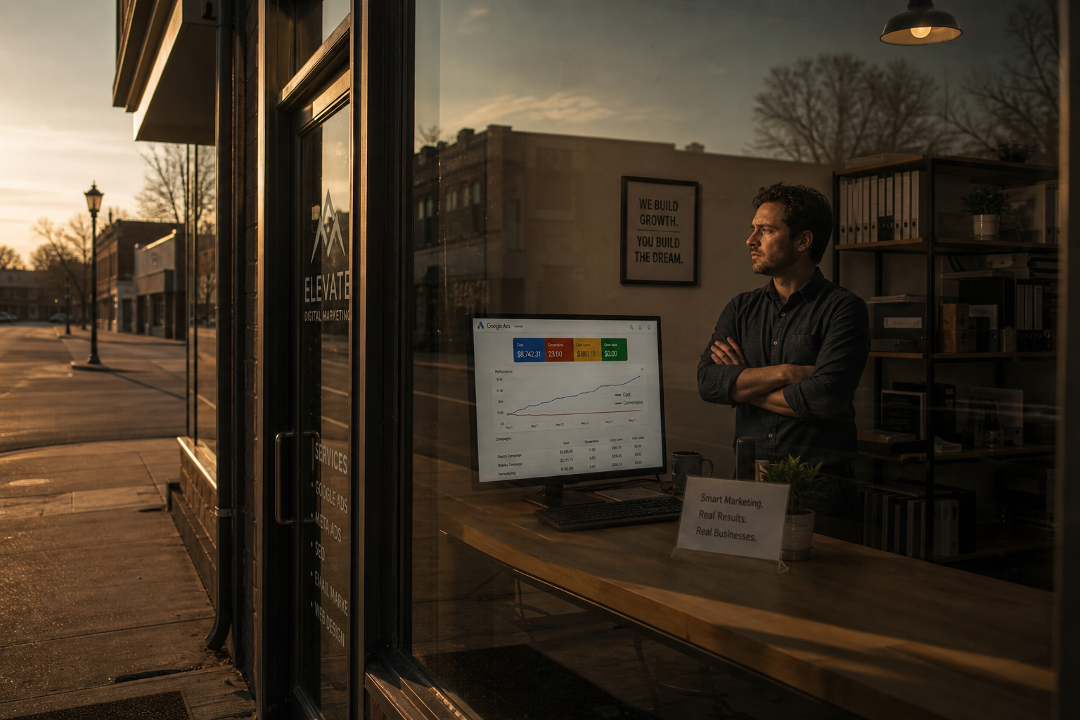 Business owner stressed over ad spend dashboard showing high costs, zero returns