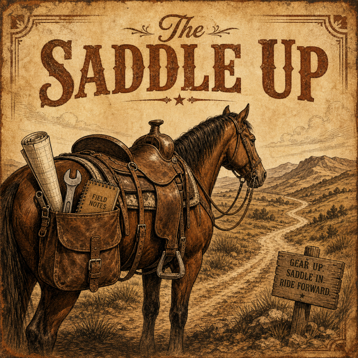 The Saddle Up illustrated vintage poster featuring a saddle horse packed with field notes and tools on a trail - a $99/month small business membership with monthly group office hours, ops and marketing coaching, and real-world brand critiques.