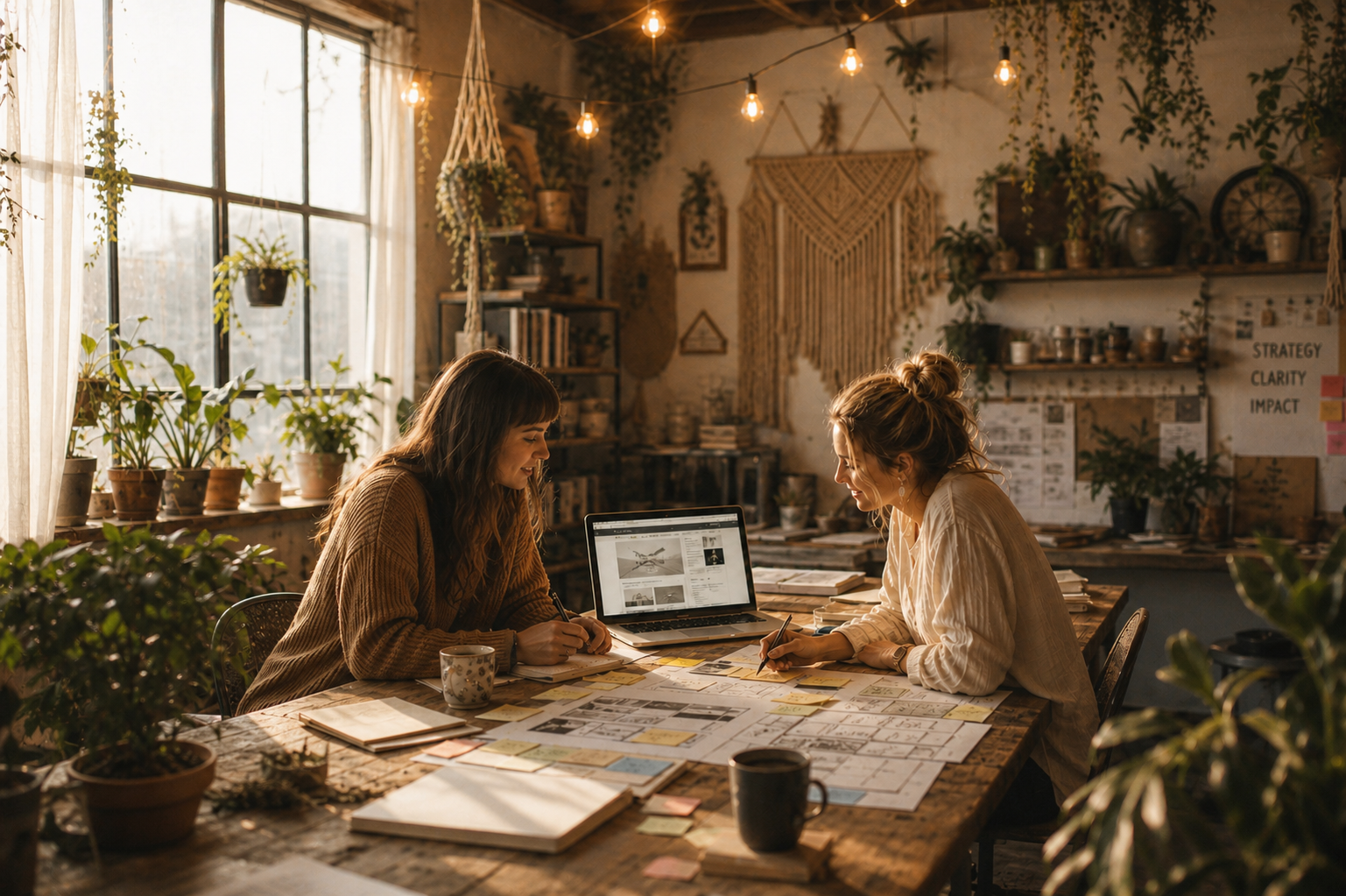 Custom website strategy session with two collaborators at a reclaimed wood table