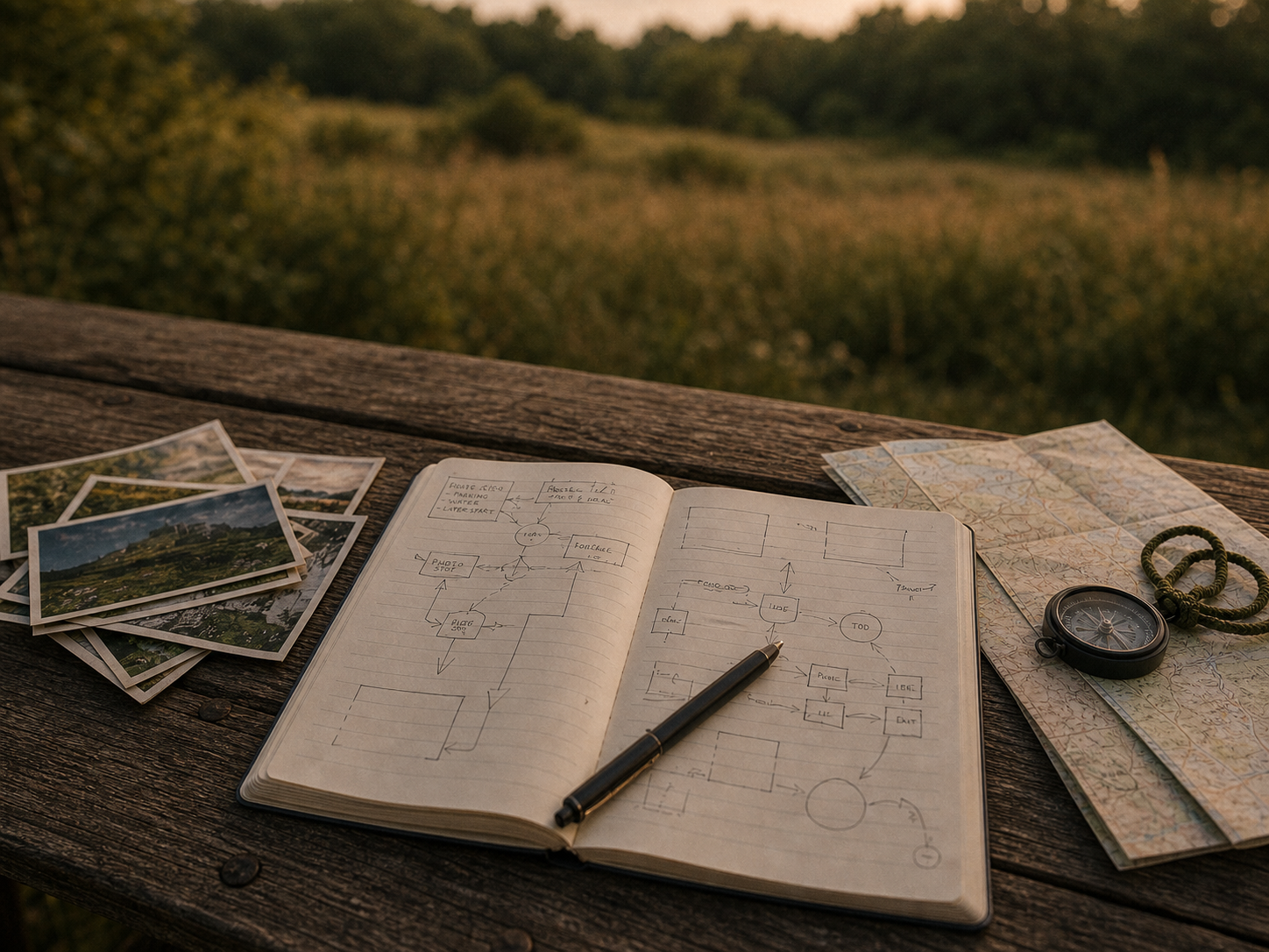 An outdoor strategy session with a notebook of marketing flowcharts, a topographic trail map, and a compass — representing The Brand Playbook, a positioning and marketing strategy service from The Wiley Haase.
