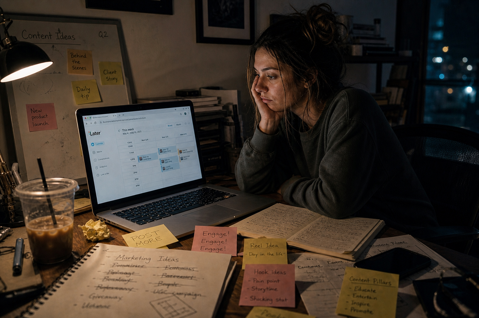 Founder staring at scheduling dashboard late at night, posting to an empty audience