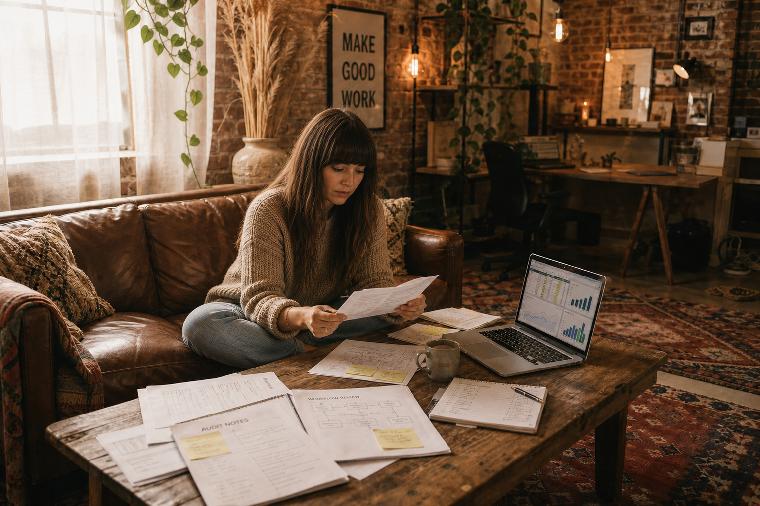 Small business operations audit in progress at a cozy indie creative studio